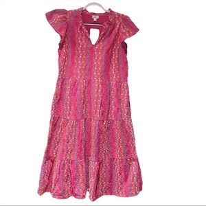 crown & ivy Pink Multi-Pattern Tiered Keyhole Dress